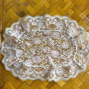Vintage set table topper and doily, white and pink lace